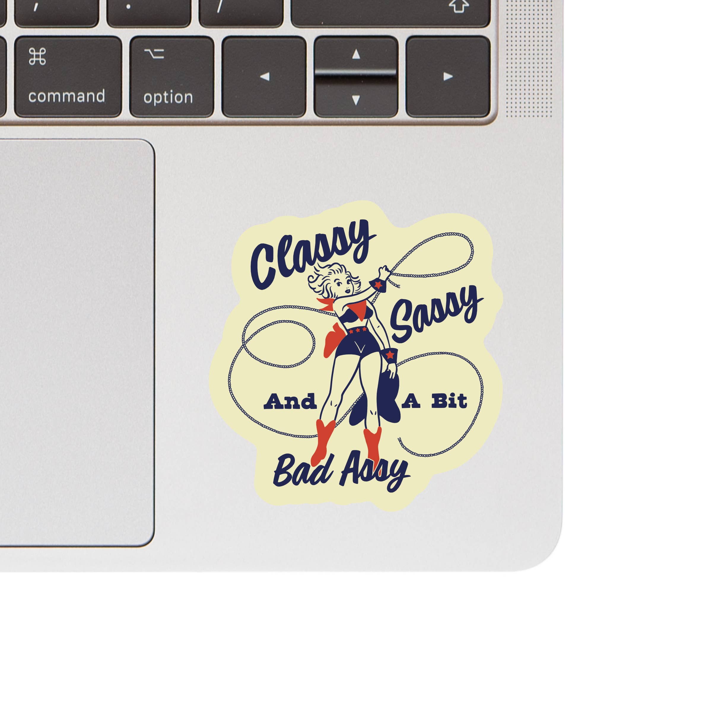 "Classy, Sassy & Badass" Cowgirl Sticker - Bold Vinyl Decal on laptop. 