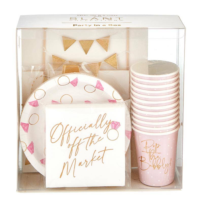 Wedding Party in a Box - Pink, White, and Gold - Complete Set with Garland, Cake Topper, Cups, Plates, Table Accents, and Napkins