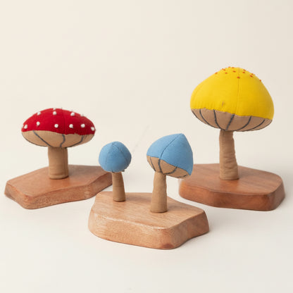 Full mushroom trio shown with blue and yellow companions (sold separately)