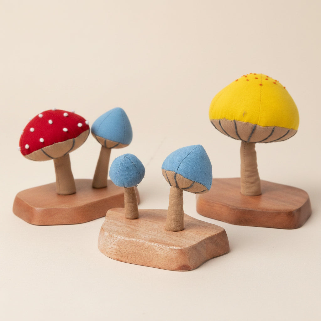 Yellow Mushroom Medley styled with red and blue companions (sold separately)
