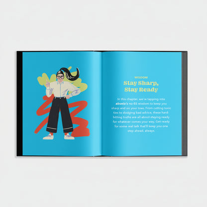 Open book with colorful illustration and text, 'Stay Sharp, Stay Ready' on a blue background showcased on a beige background