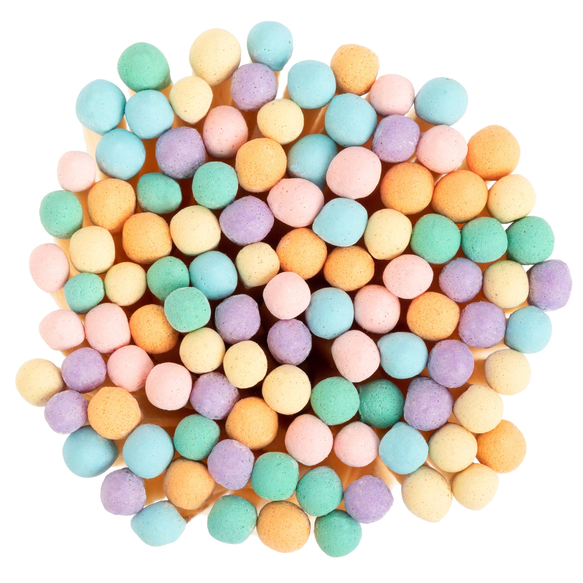 Pastel-colored matchsticks in a corked glass vial with an adhesive match striker at the bottom. Top image. 