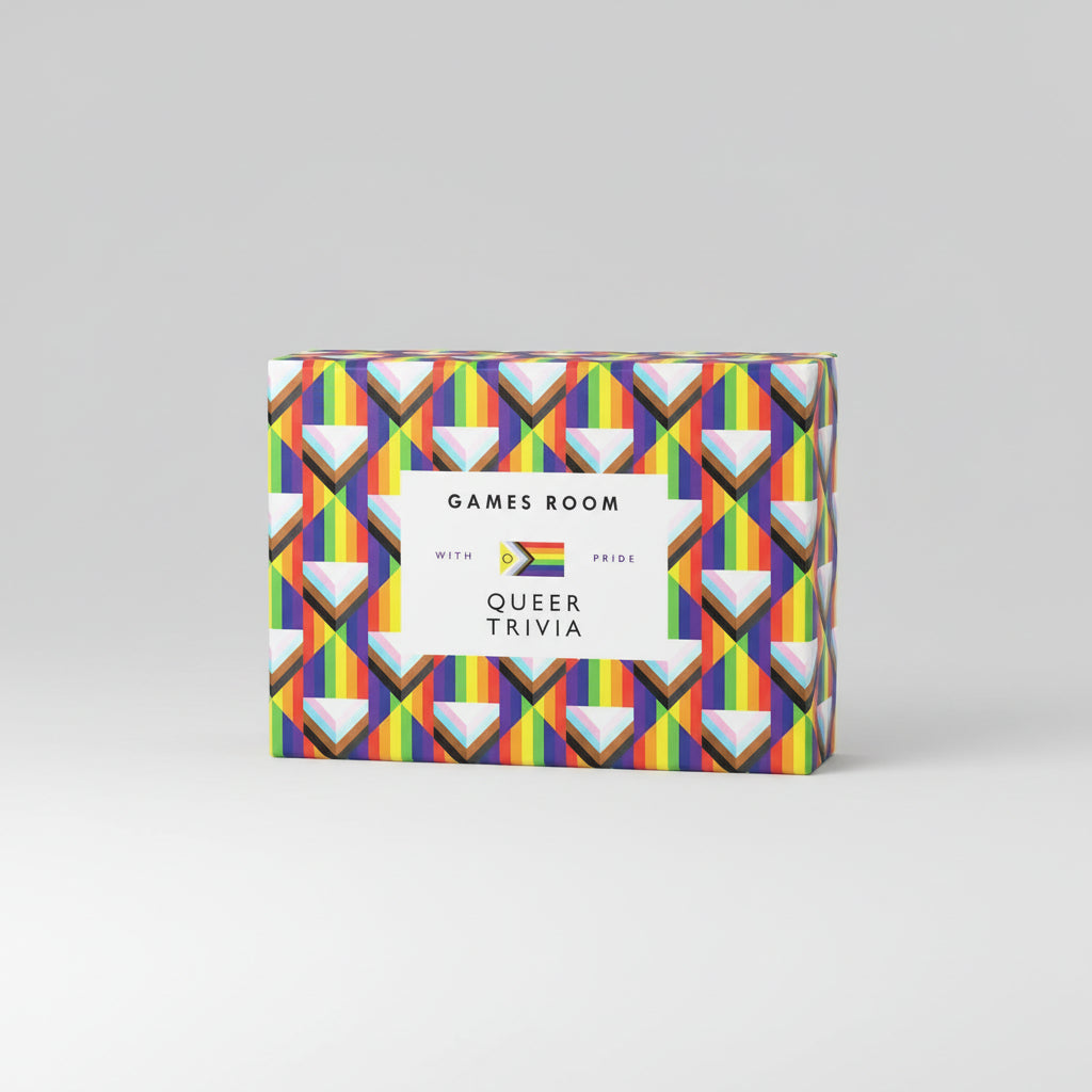 Box of Queer Trivia game with bold, colorful design