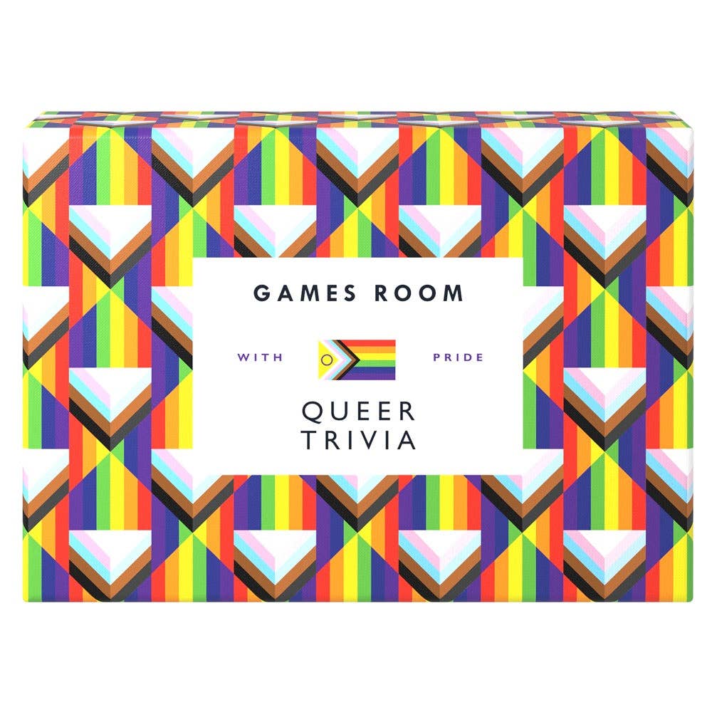 Box of Queer Trivia game with bold, colorful design