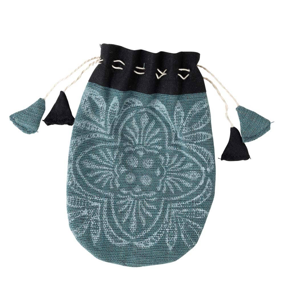 Close-up of a handcrafted gift bag showing textured cotton weave and lining


