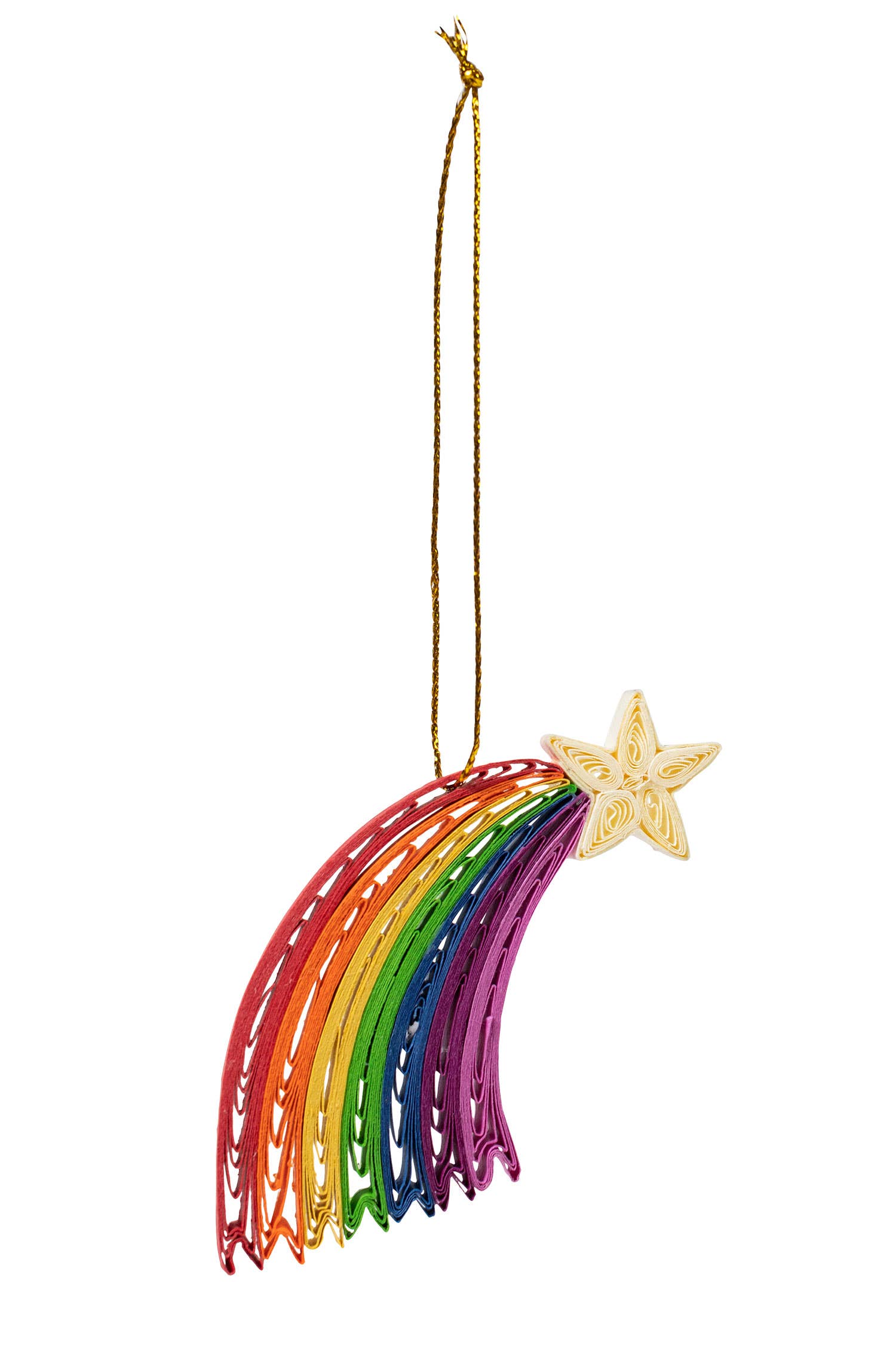 Handcrafted rainbow ornament featuring tight coils of quilled paper in vibrant hues