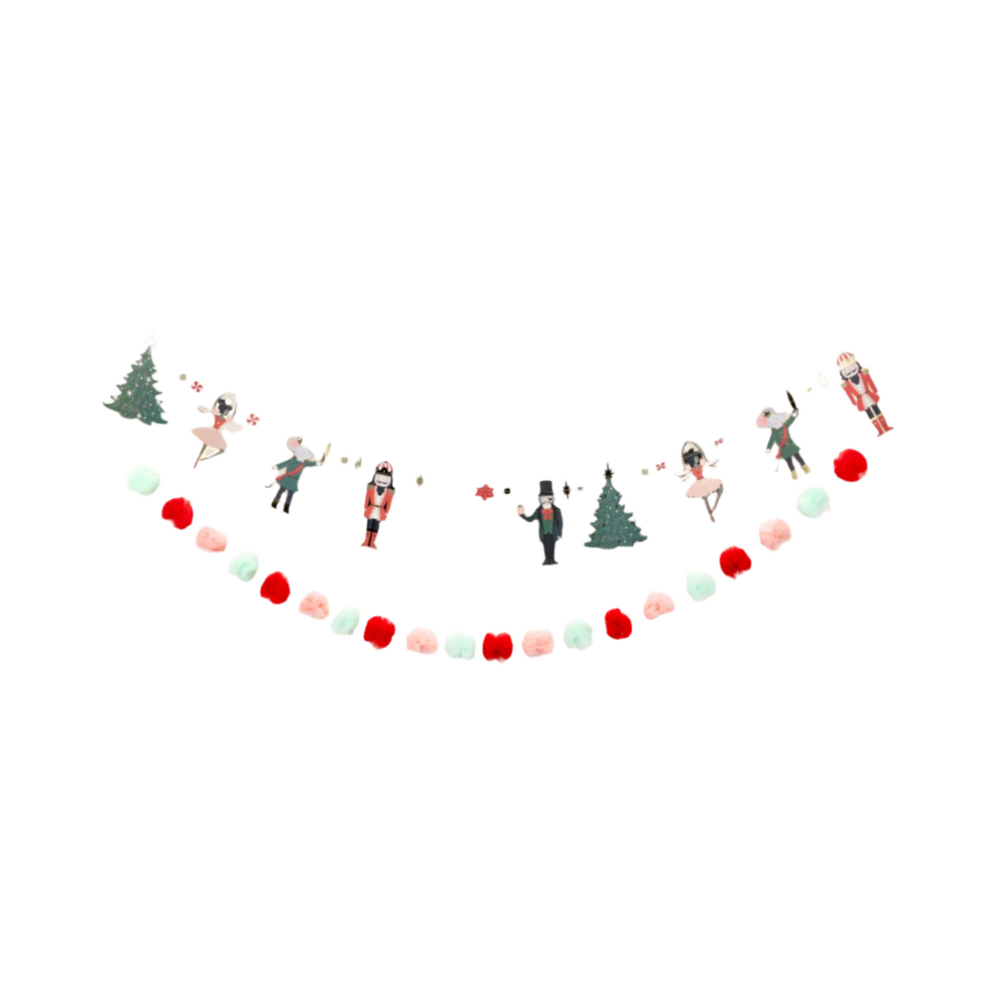 Decorative garland with Christmas-themed figures and red, green, and white pom-poms on a white background.