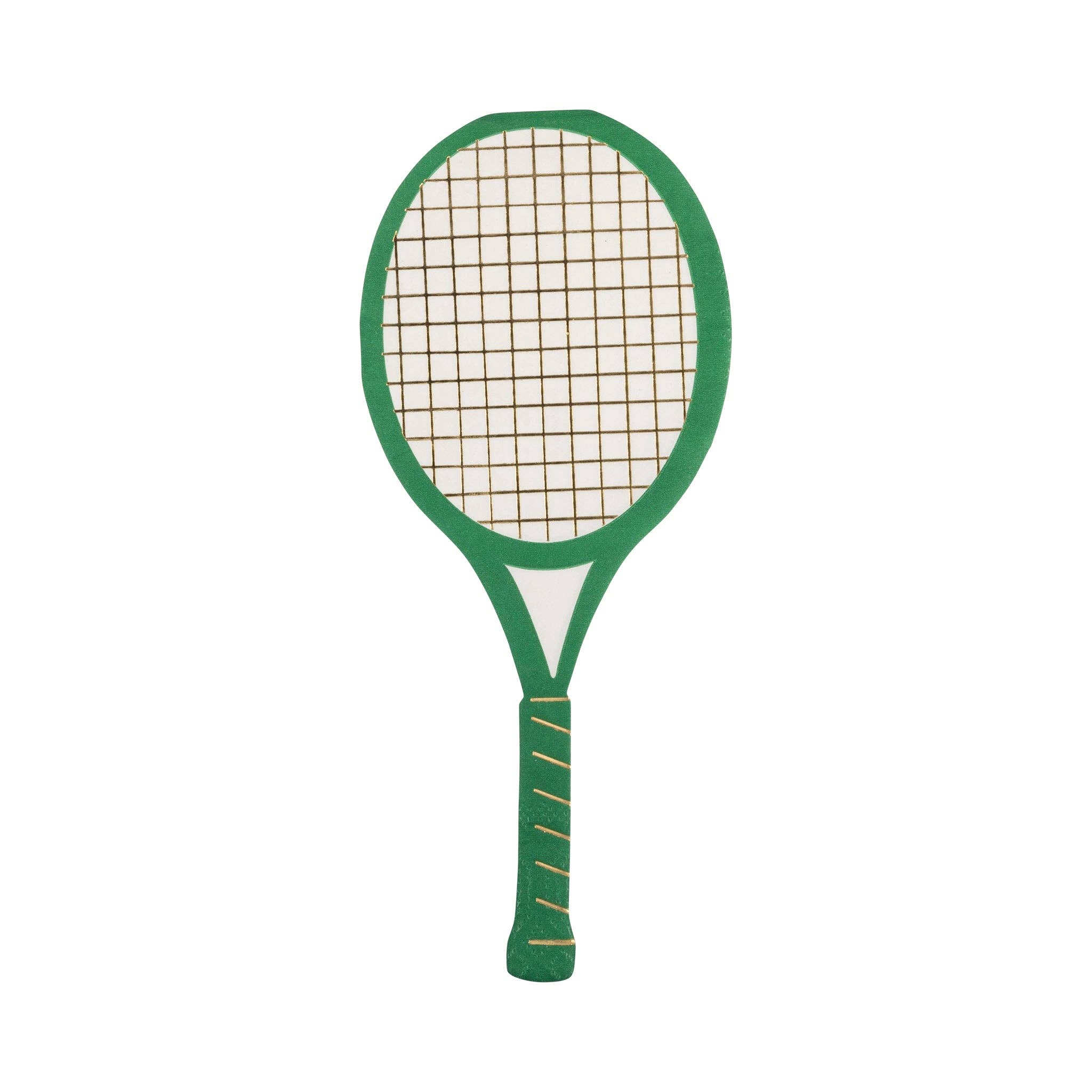 Front of Green Tennis racket-shaped cocktail napkins with gold foil accents