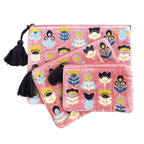 Three pink pouches with tulips embroidered on a white background