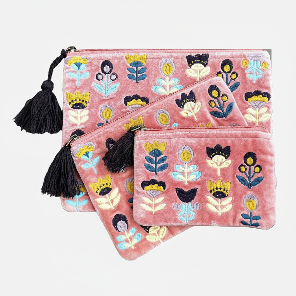 Three pink pouches with tulips embroidered in multicolor thread on a white background