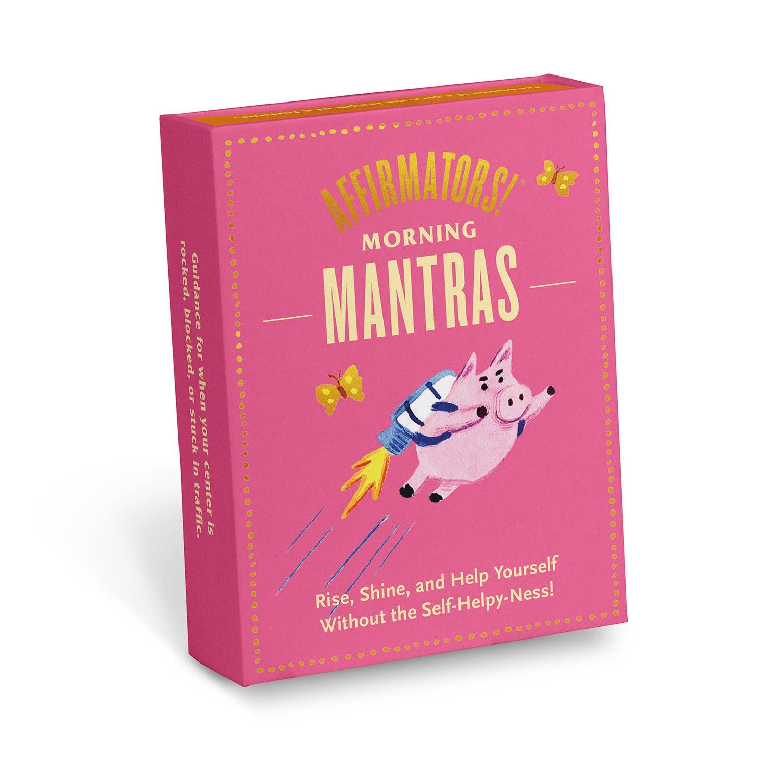 Pink book titled 'Morning Mantras' with a cartoon pig on the cover