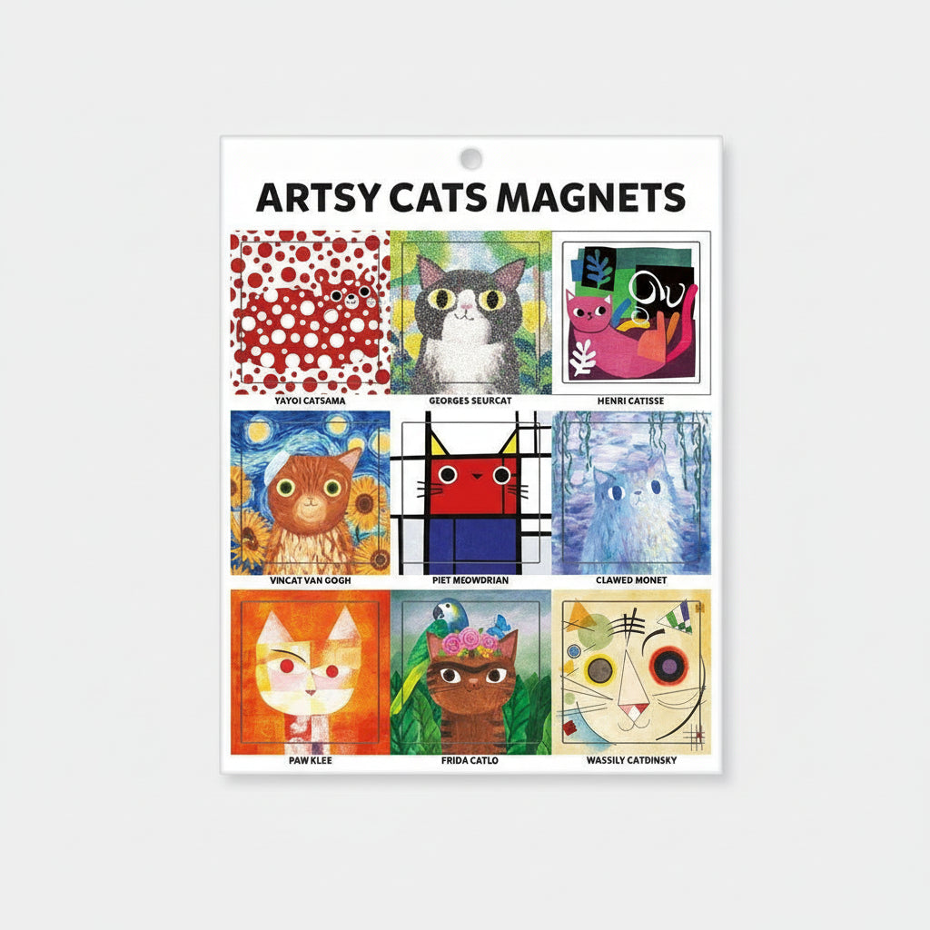 Set of nine square magnets featuring artistic cat parodies
