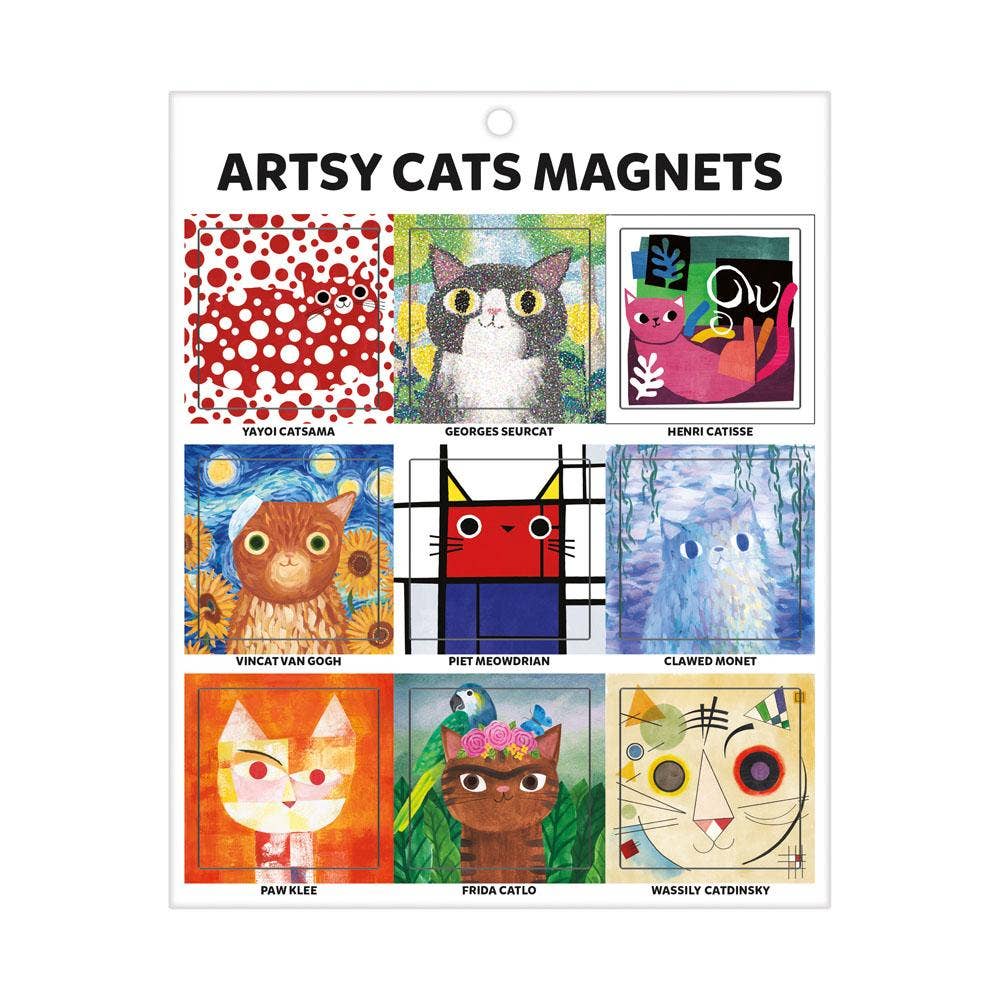 Set of nine square magnets featuring artistic cat parodies