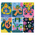 Set of six colorful cards with abstract designs and text on a white background