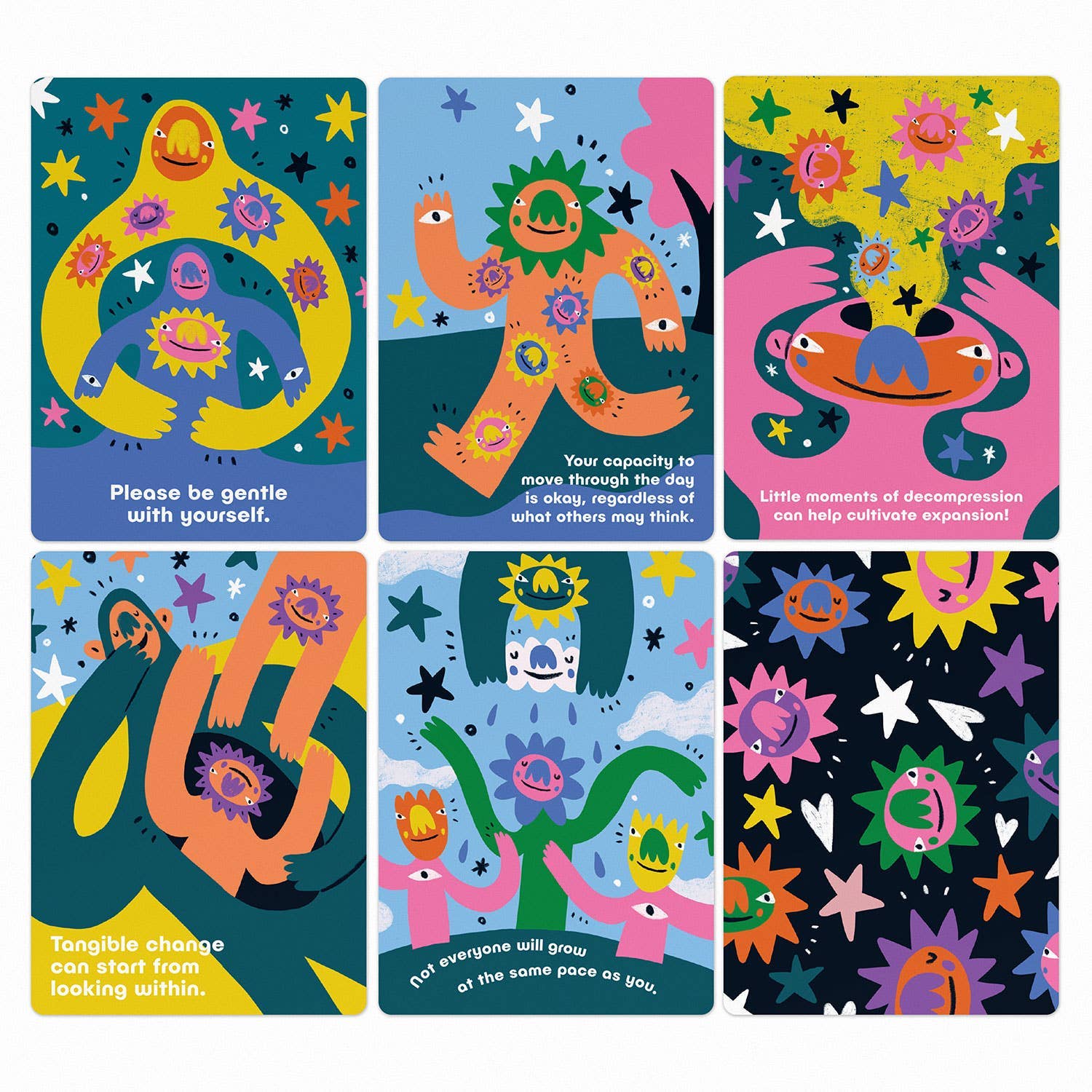 Set of six colorful cards with abstract designs and text on a white background