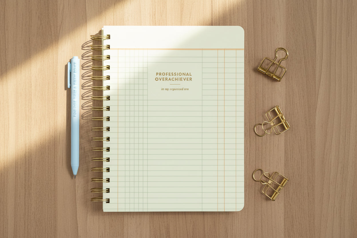 Notebook with grid paper and 'Professional Overachiever' text, surrounded by a pen and clips on a wooden background