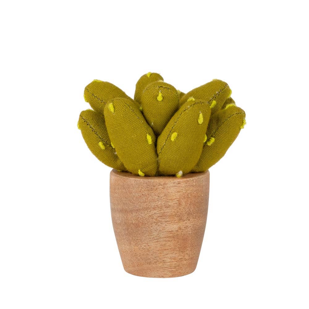 Close-up of stitched cactus pads and neem wood planter detail