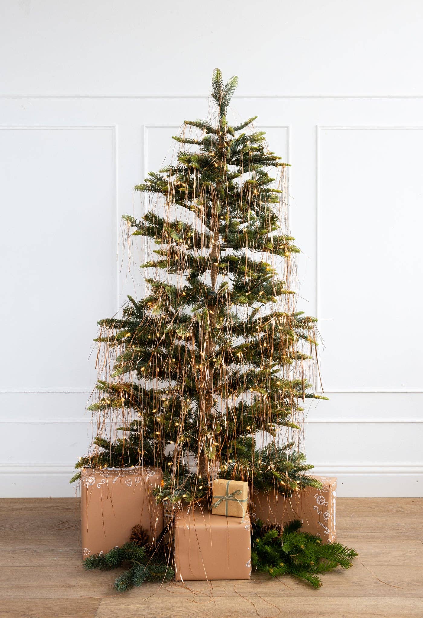 Bronze tinsel used to accent holiday gifts and ribbon