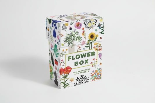 Floral-patterned box labeled 'Flower Box' with 100 postcards by 10 artists.