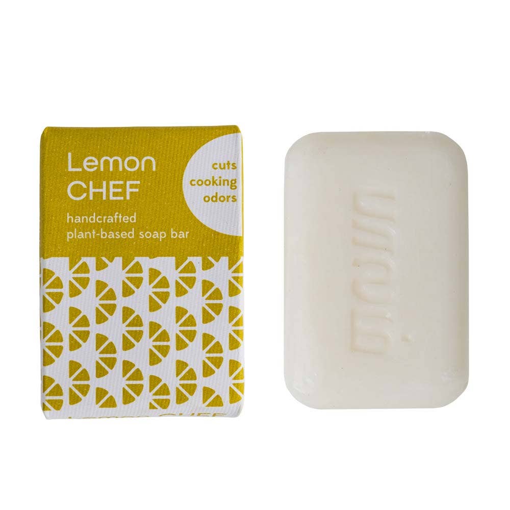 Lemon Chef handcrafted plant-based soap bar with packaging on a white background
