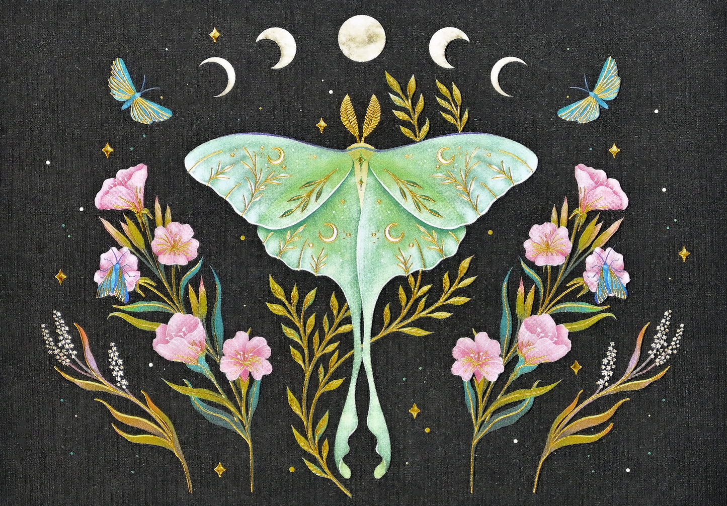 Lunar Moth note card with celestial floral design and shimmering gold foil accents