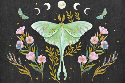 Lunar Moth note card with celestial floral design and shimmering gold foil accents
