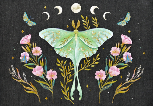 Lunar Moth note card with celestial floral design and shimmering gold foil accents