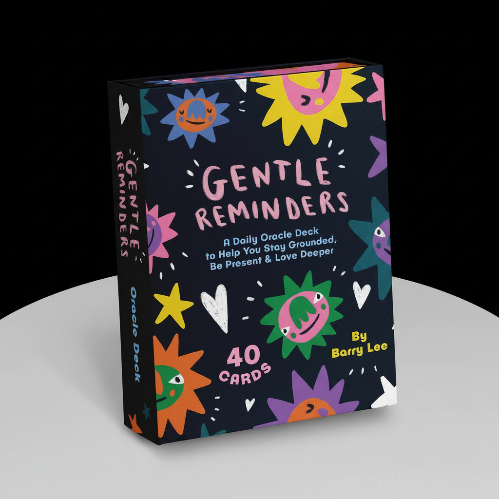 Card deck packaging with colorful designs and text on a white background