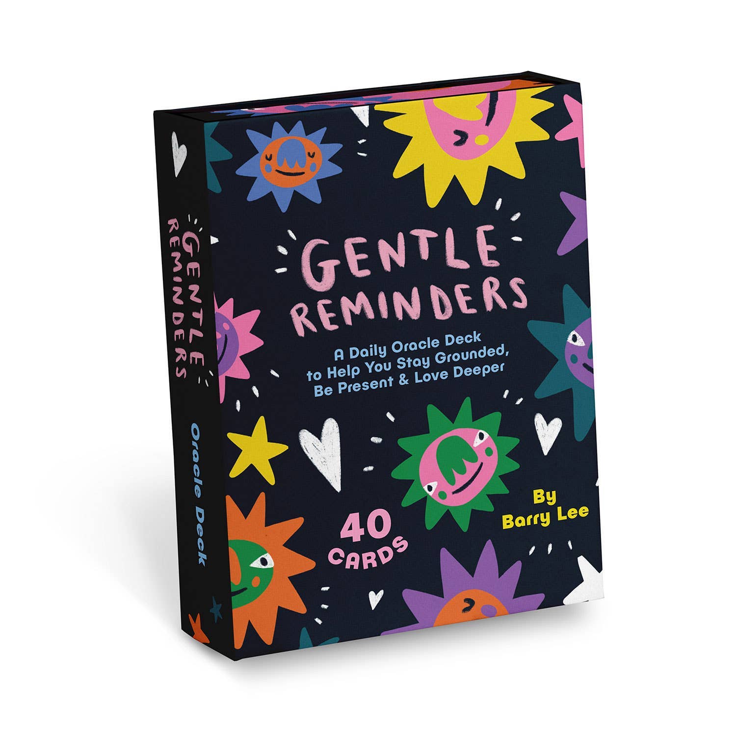 Card deck packaging with colorful designs and text on a white background