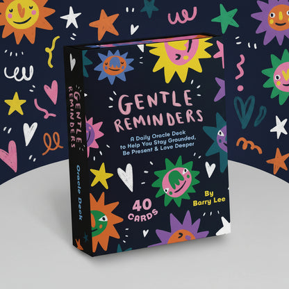 Card deck packaging with colorful designs and text on a white background