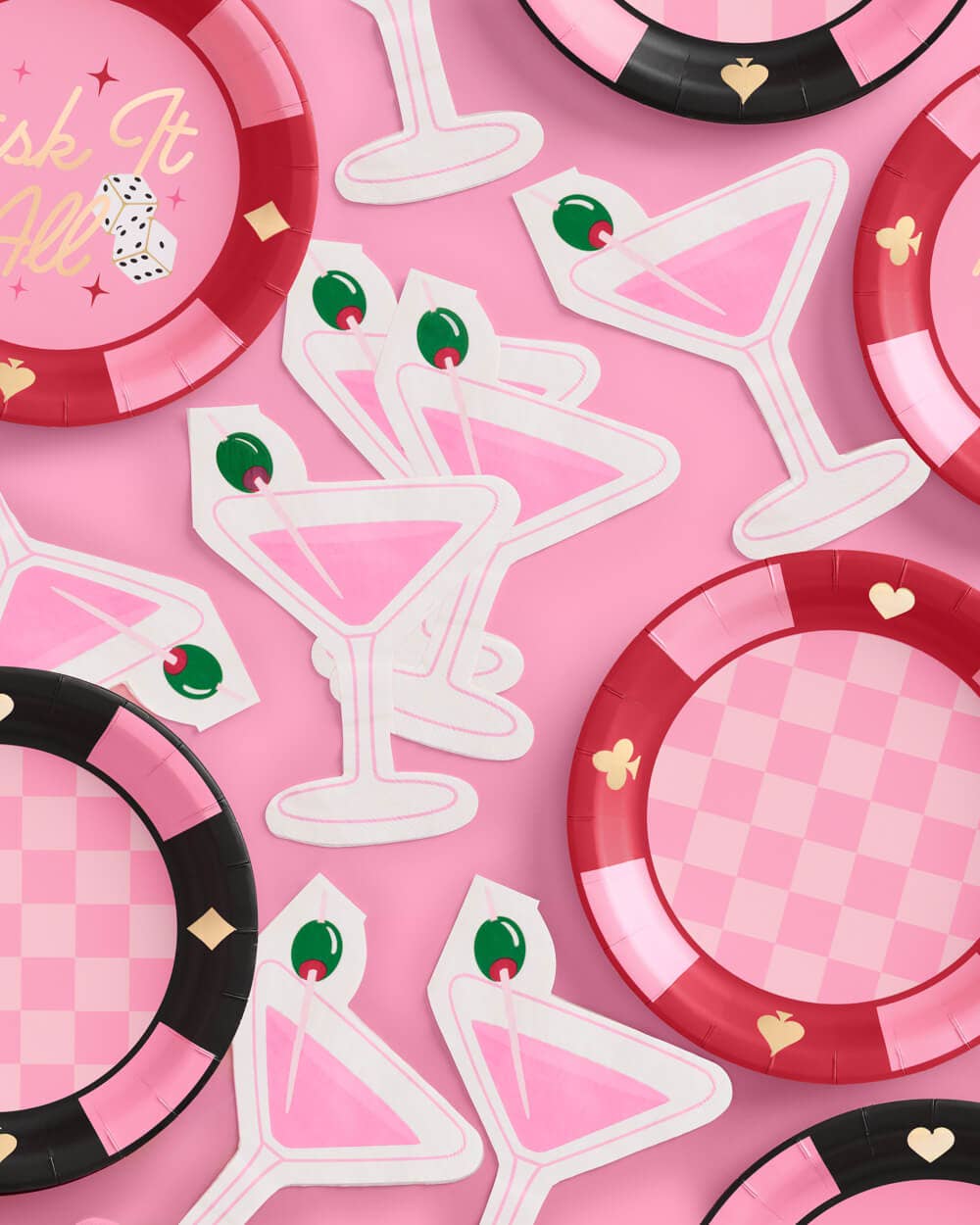 "Extra Dirty" martini-themed paper napkins with a printed pink martini glass and green olive, perfect for cocktails, birthdays, and celebrations.