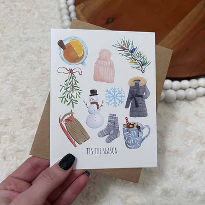 Festive Holiday Card – Cozy Winter Greeting with Snowflakes, Mittens & Cocoa