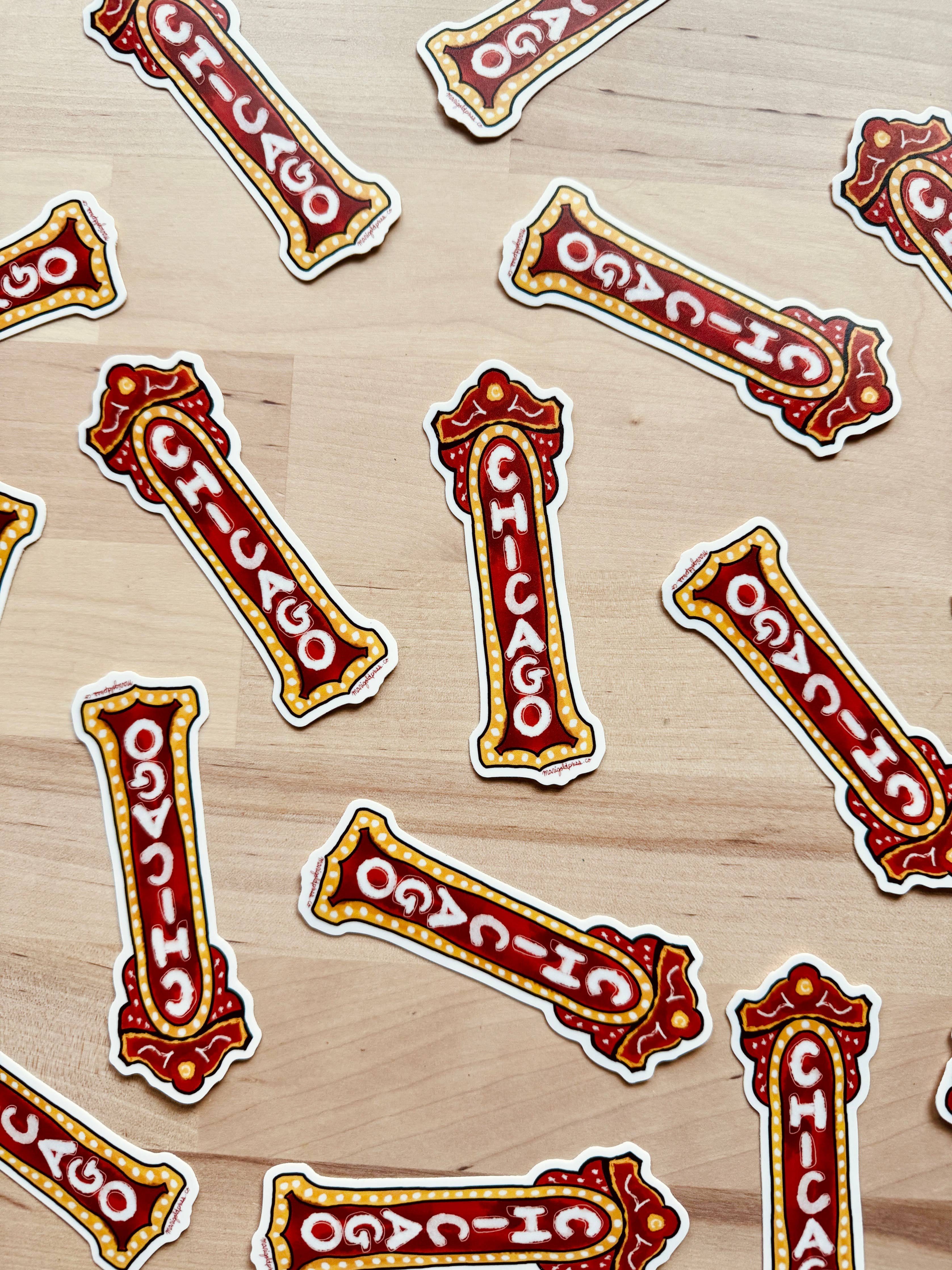 Bold vinyl sticker featuring a tribute to the historic Chicago Theater