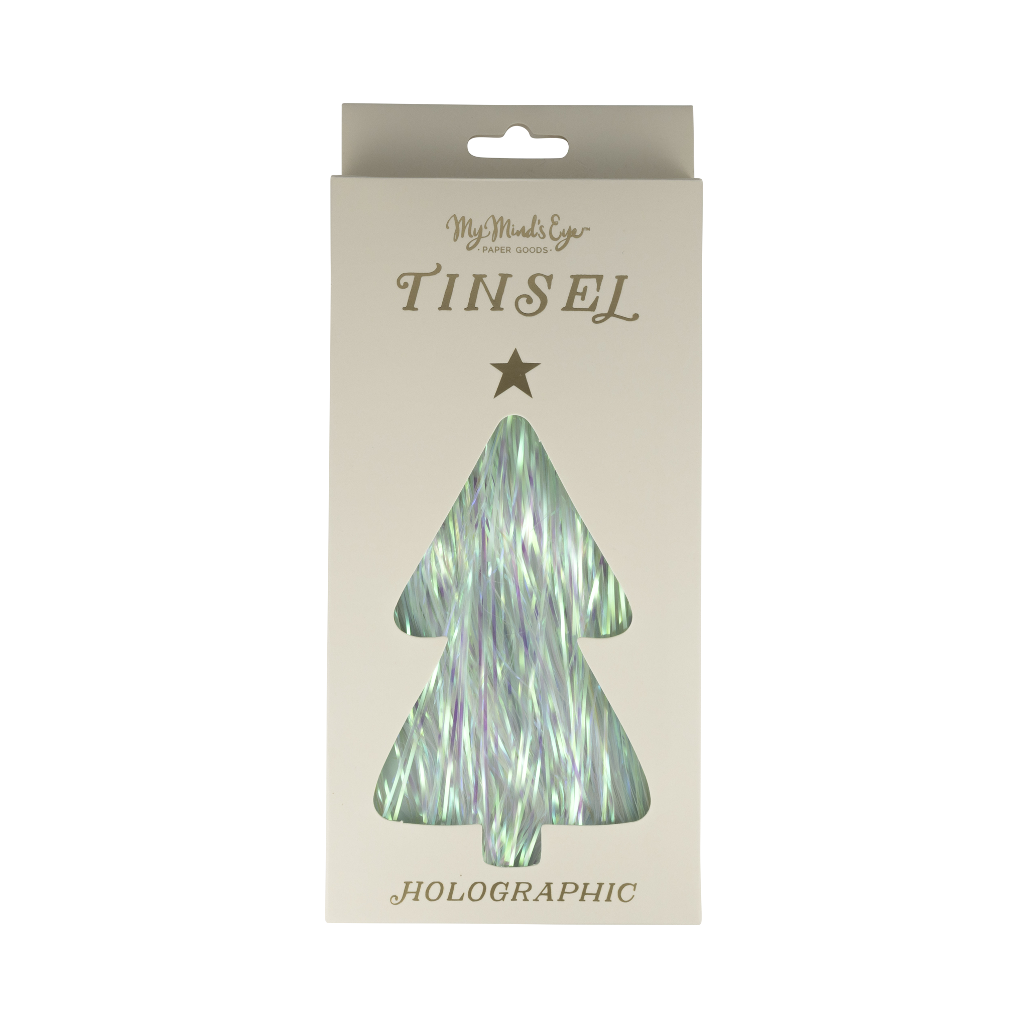 Close-up of holographic tinsel showing reflective green and rainbow shine
