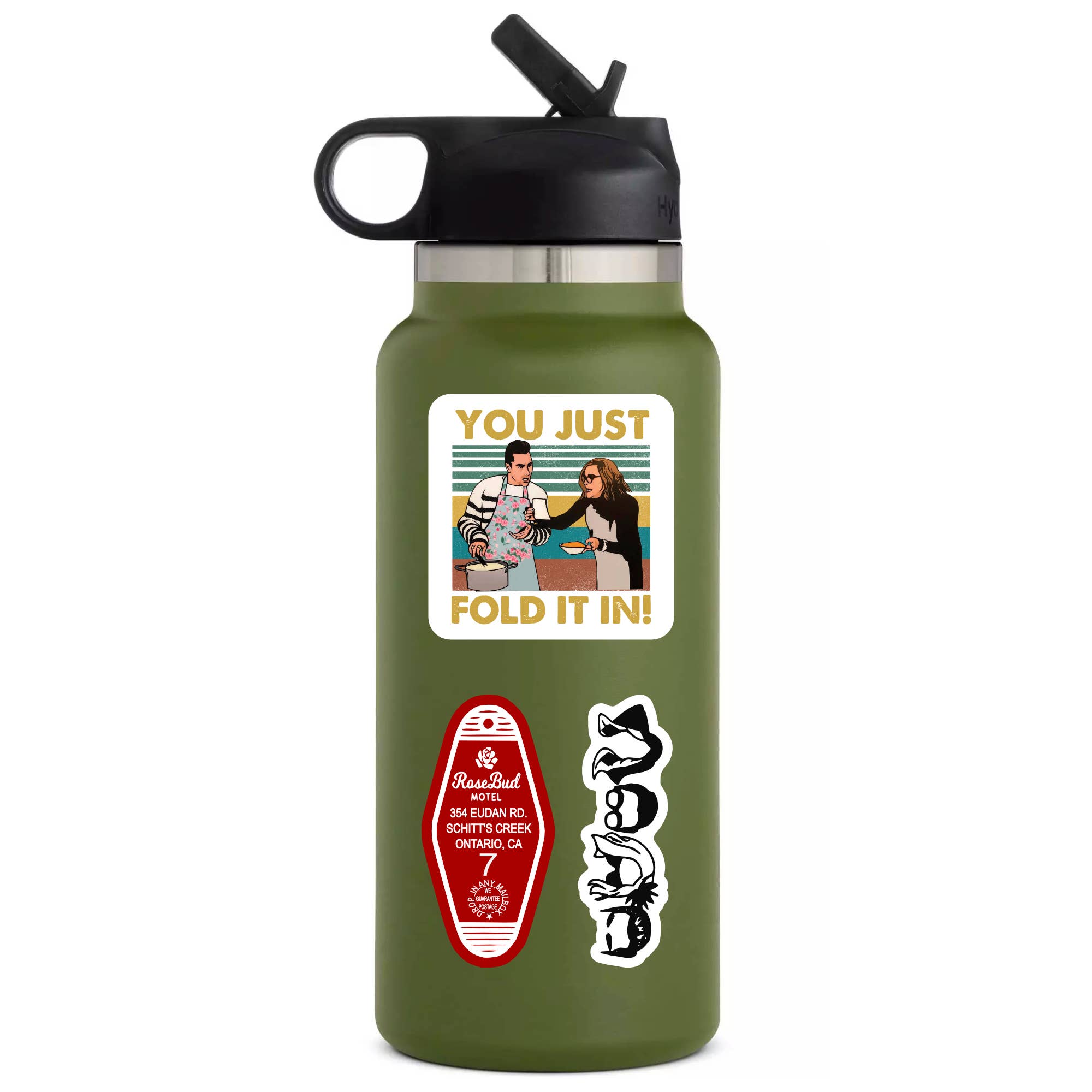 "You Just Fold It In!" Vinyl Sticker - Schitt's Creek Quote Decal on Water Bottle. 