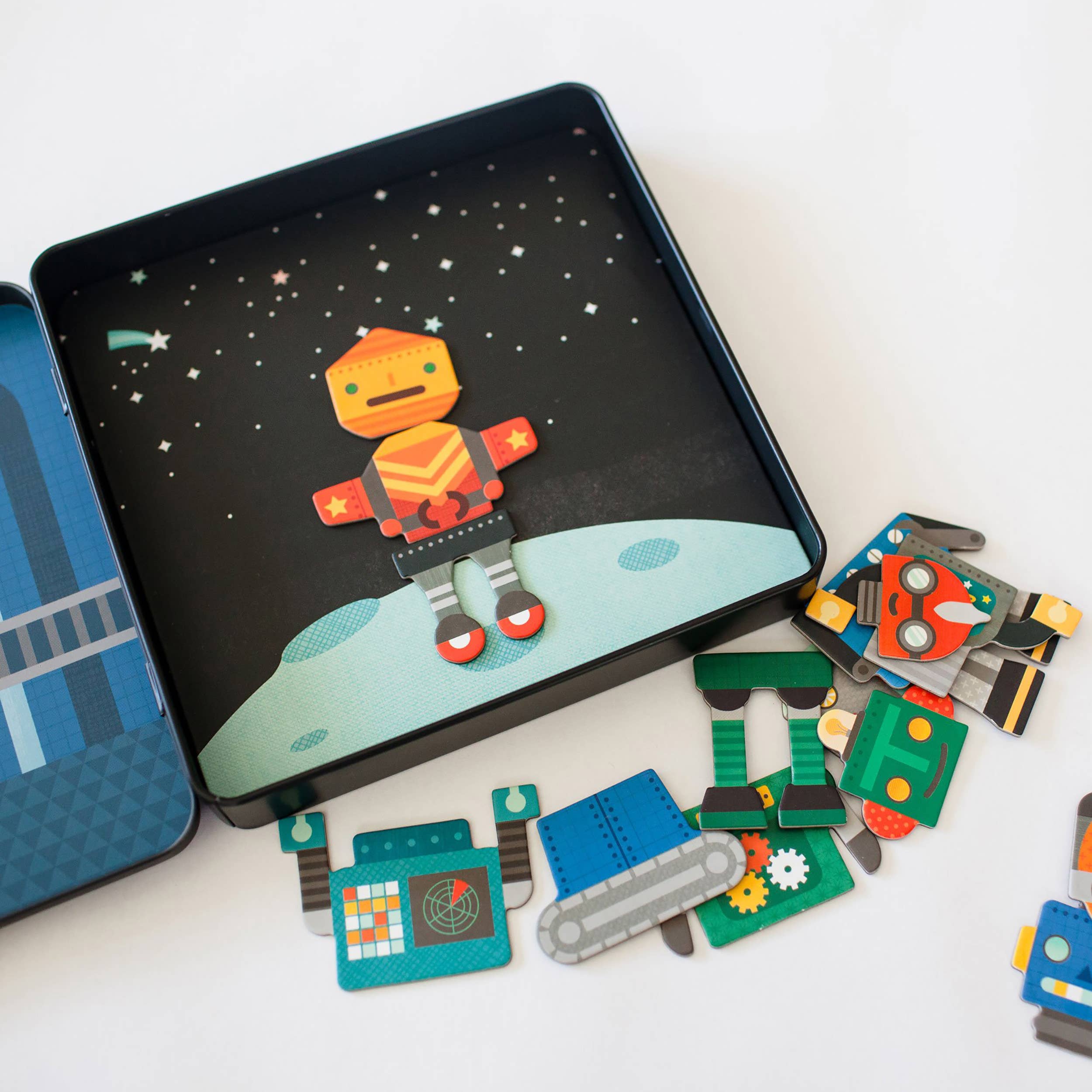 Individual pieces of the robot pieces showcasing the vibrant Robot Remix artwork