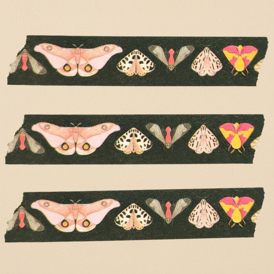 Three strips of the Moth washi tape on a white background