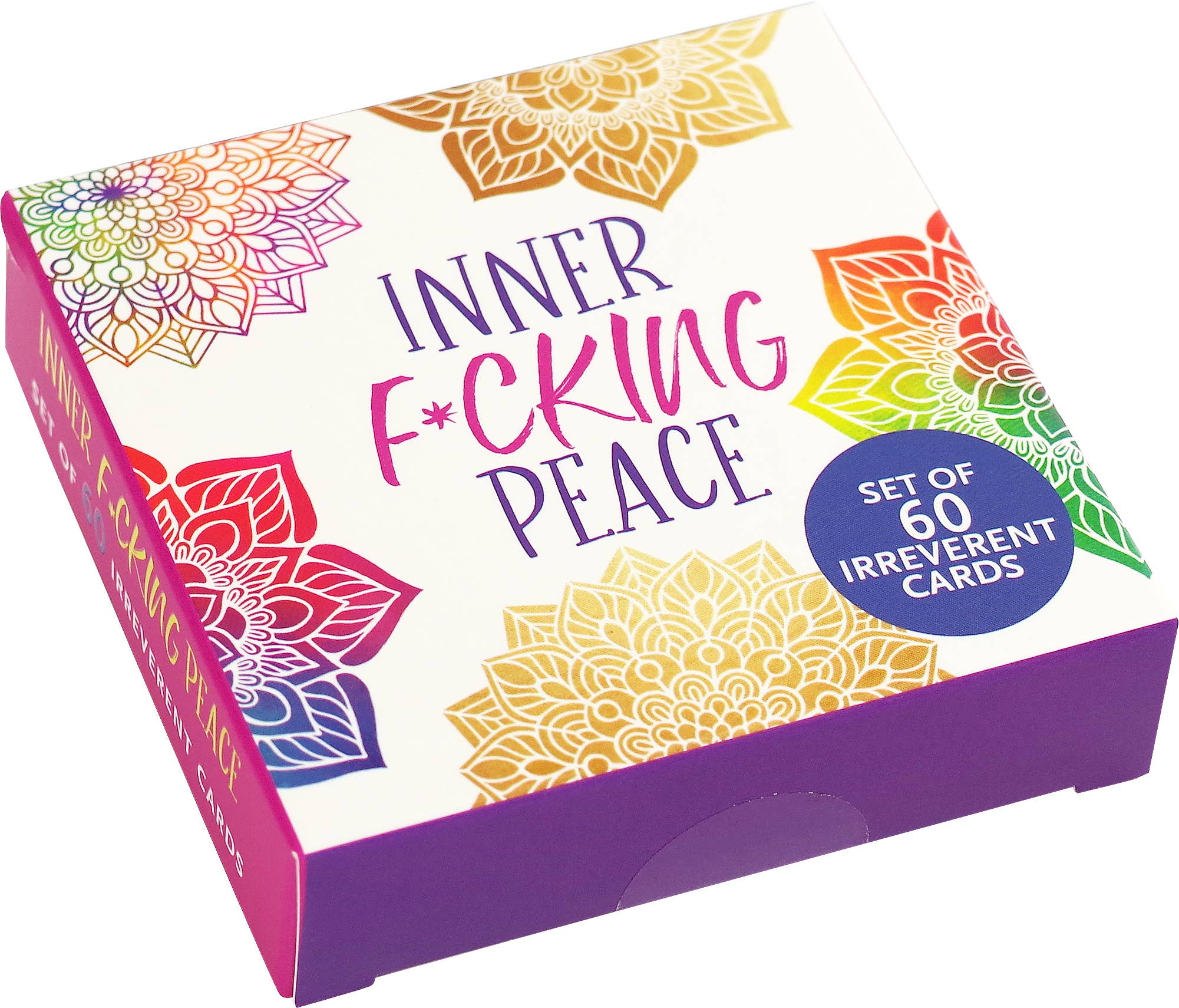 Close up view of the Inner F*cking Peace card deck box with bold typography and colorful design and a set of 60 cards in a reusable box 