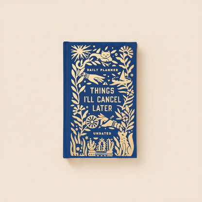 Hardcover mini planner with gold foil title “Things I’ll Cancel Later”
