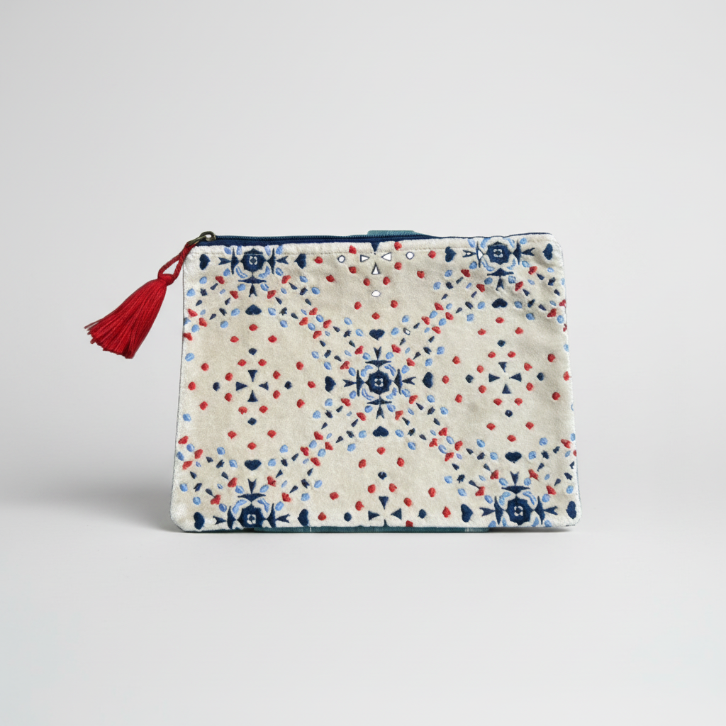 Pouch with red, blue, and white pattern on a beige background