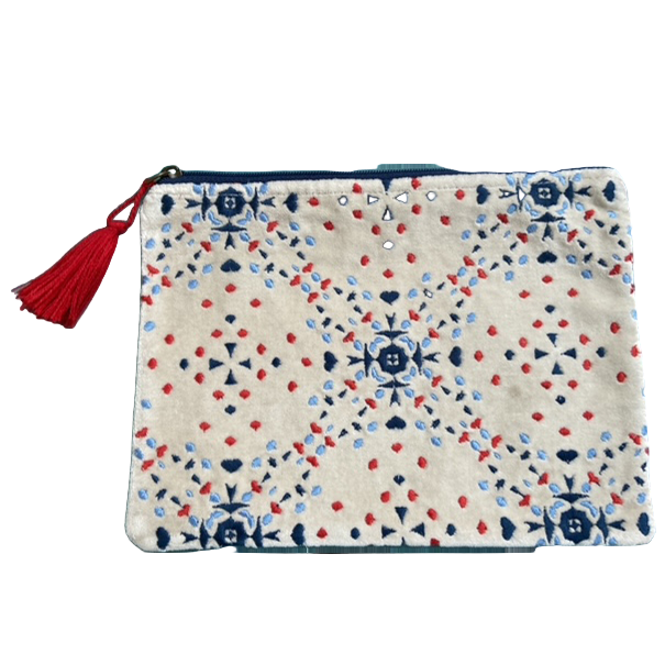 Pouch with red, blue, and white pattern on a beige background