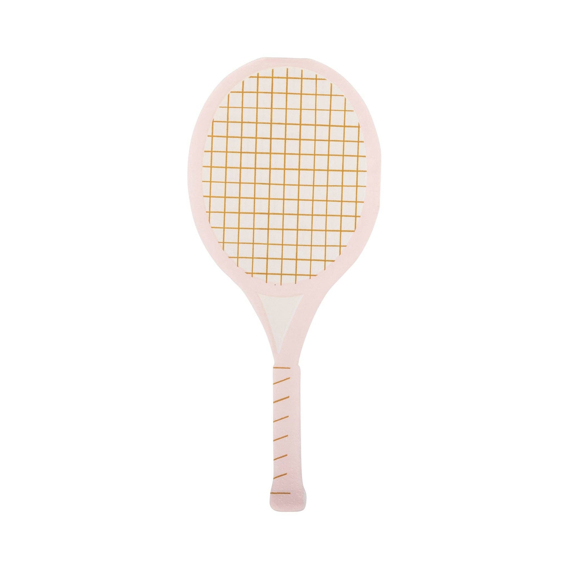 Back of Pink Tennis racket-shaped cocktail napkins with gold foil accents