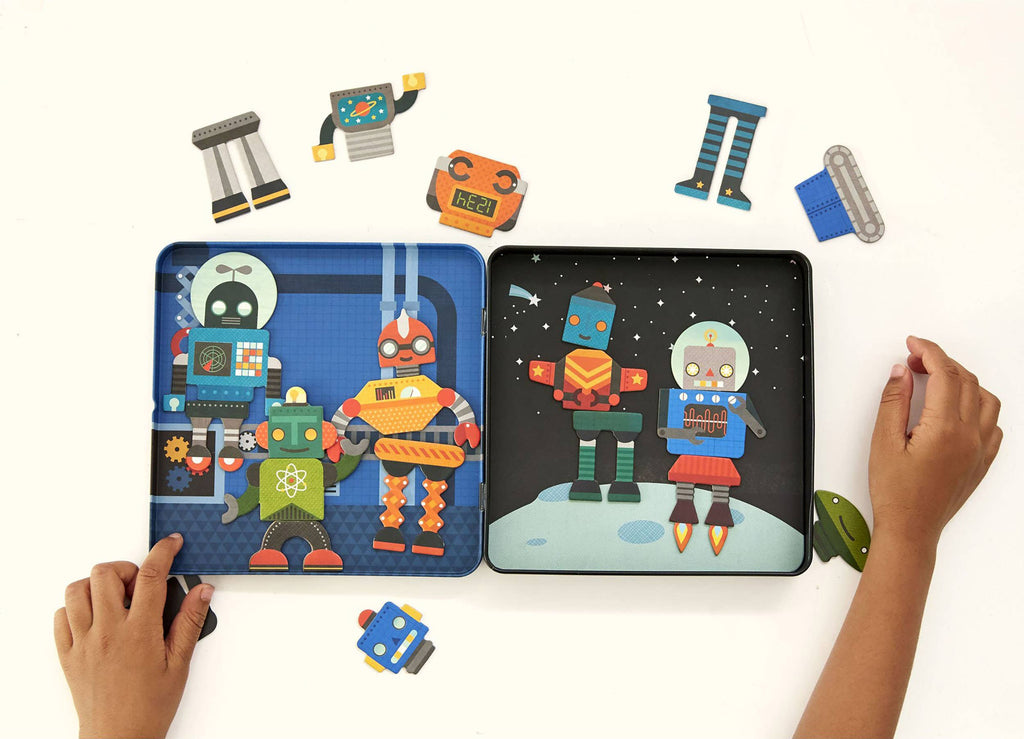 Child’s hands assembling robot pieces inside open tin