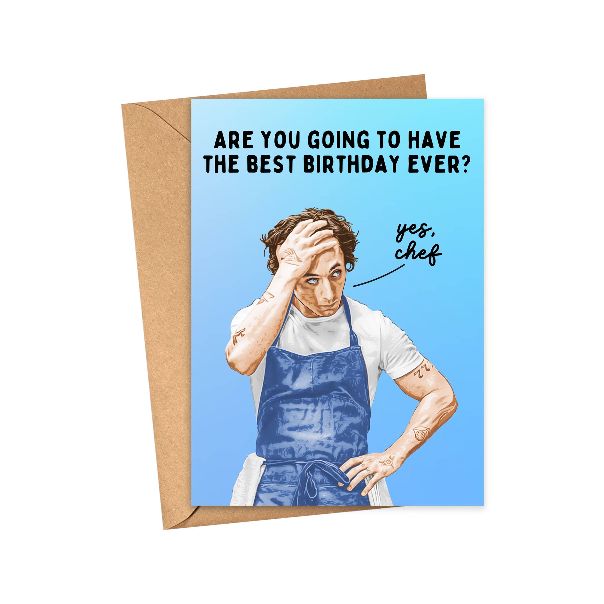 Close up of birthday card featuring a colorful, playful design inspired by The Bear, with the message “Are you going to have the Best Birthday Ever?" - "Yes, Chef"