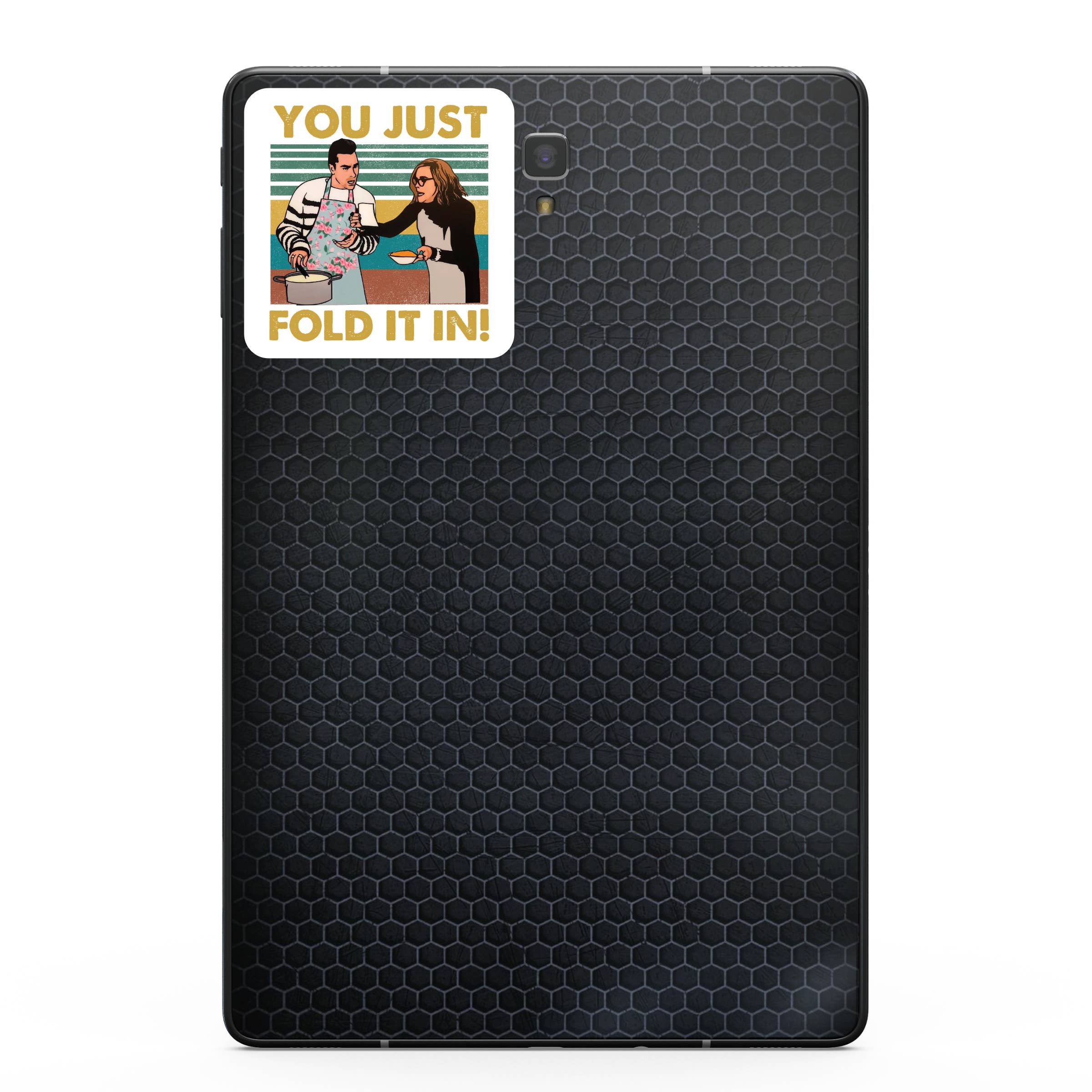 "You Just Fold It In!" Vinyl Sticker - Schitt's Creek Quote Decal on Handheld Device.