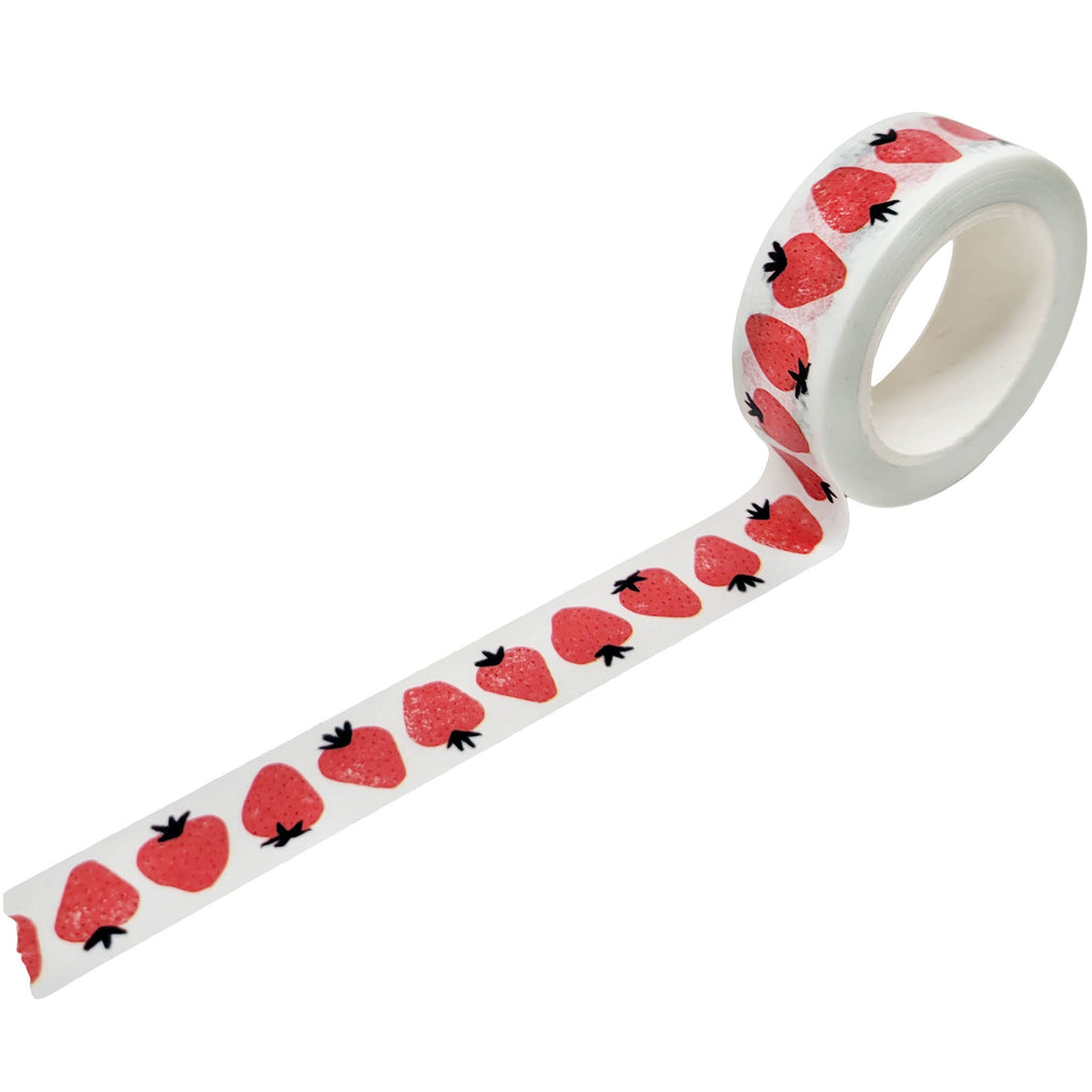 Roll of washi tape with strawberry pattern on a white background