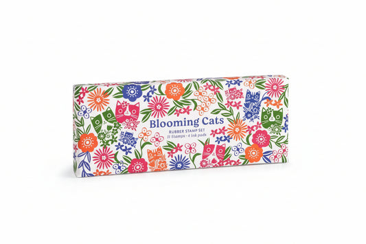 Box of 'Blooming Cats' rubber stamp set with colorful floral and cat designs on a white background.