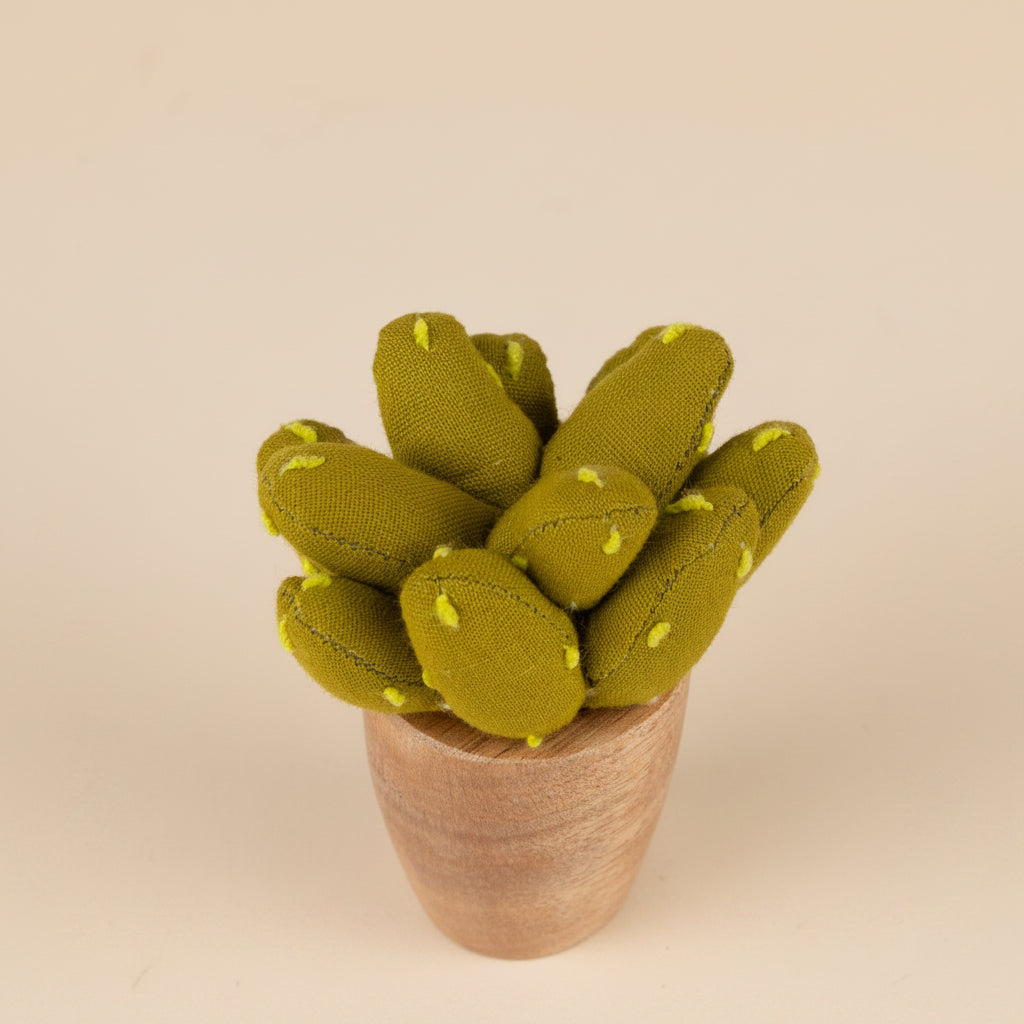 Mini prickly pear cactus made of green cotton with a soft clay-colored base