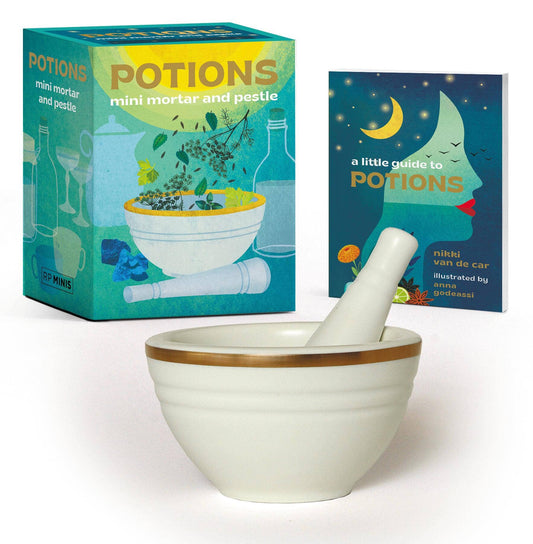 White mortar and pestle with 'Potions' packaging and guide on a white background