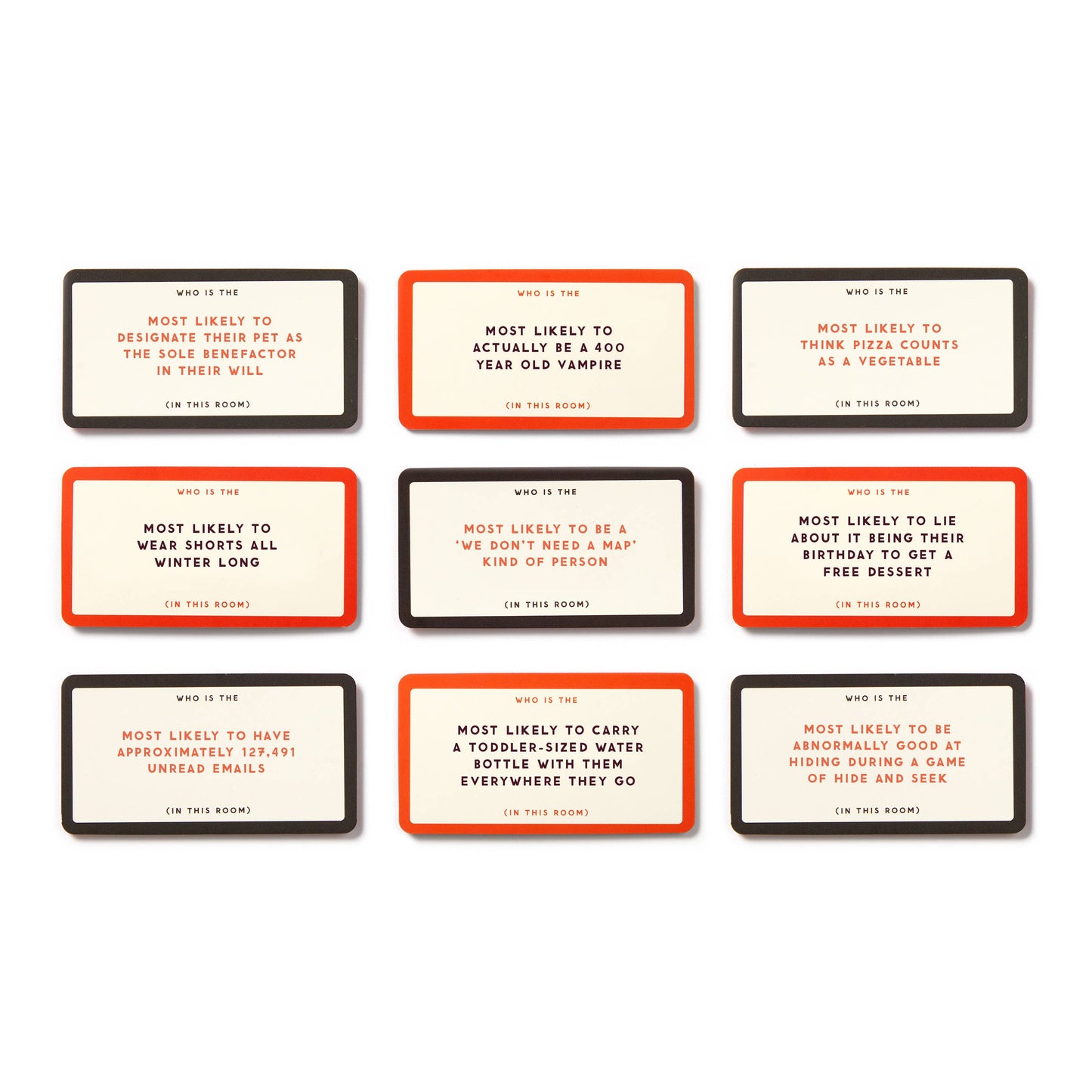 Set of humorous trivia cards with red and black borders on a white background